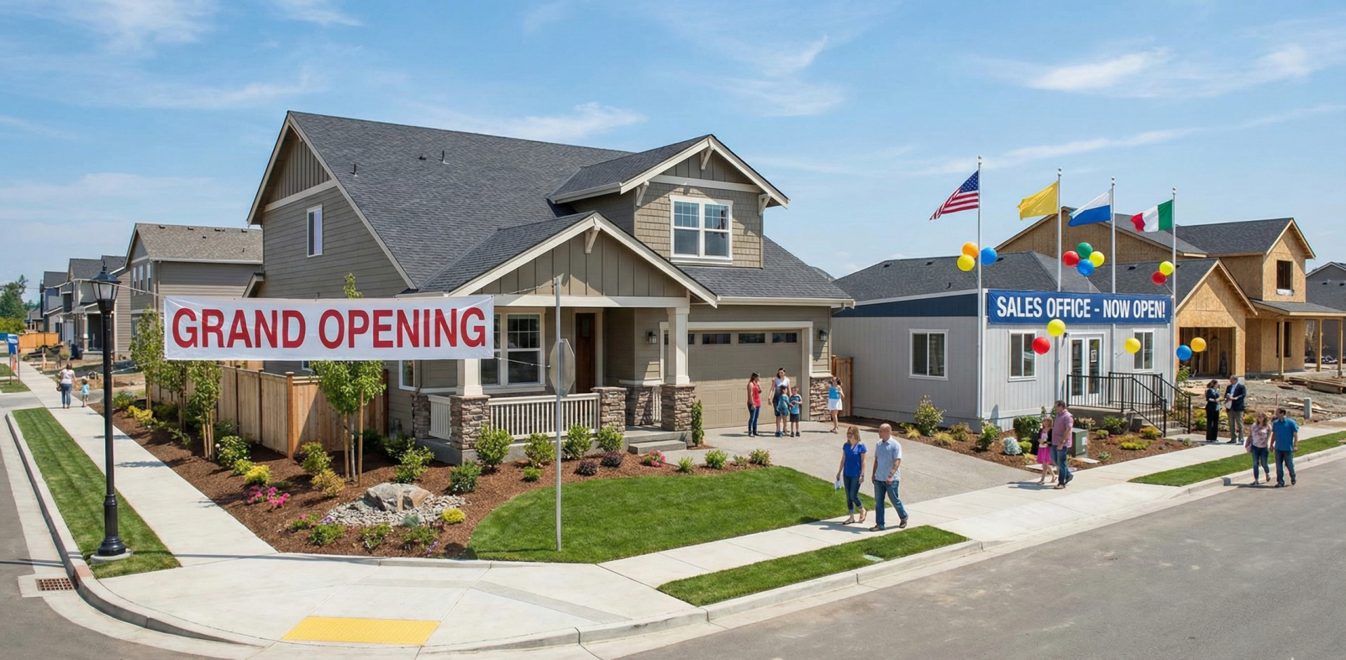 Grand opening balloons and blimp at a model home
