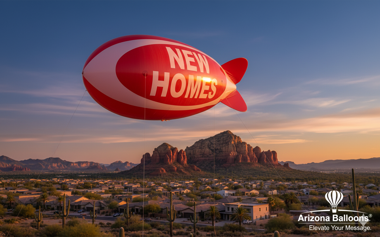 Red and white NEW HOMES marketing blimp over a neighborhood