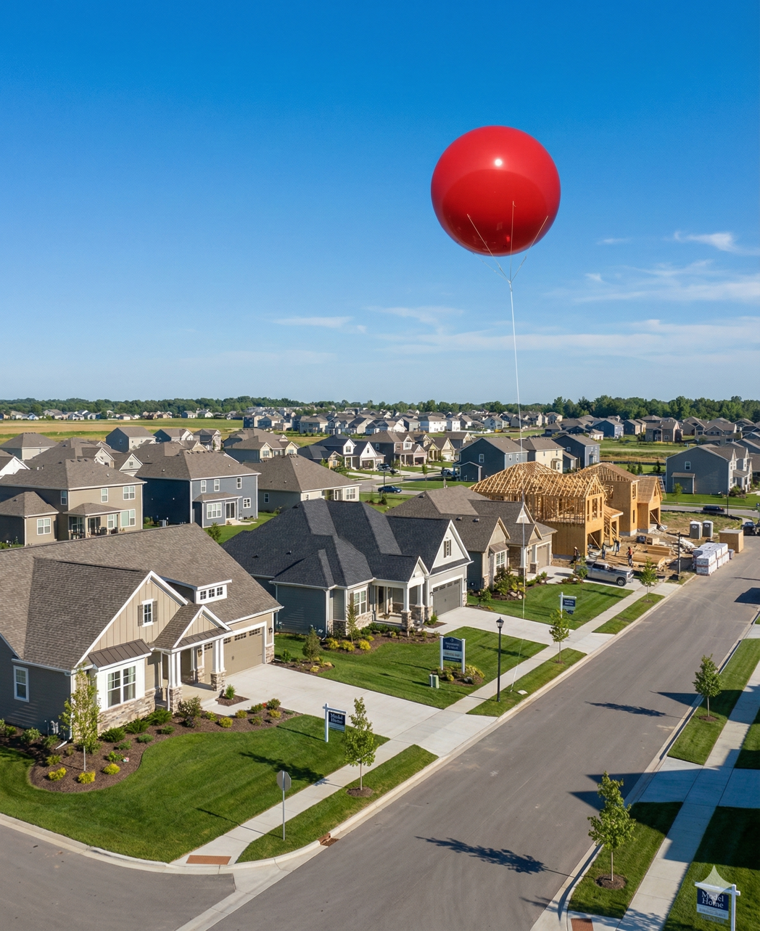 Red helium sphere balloon tethered above model homes